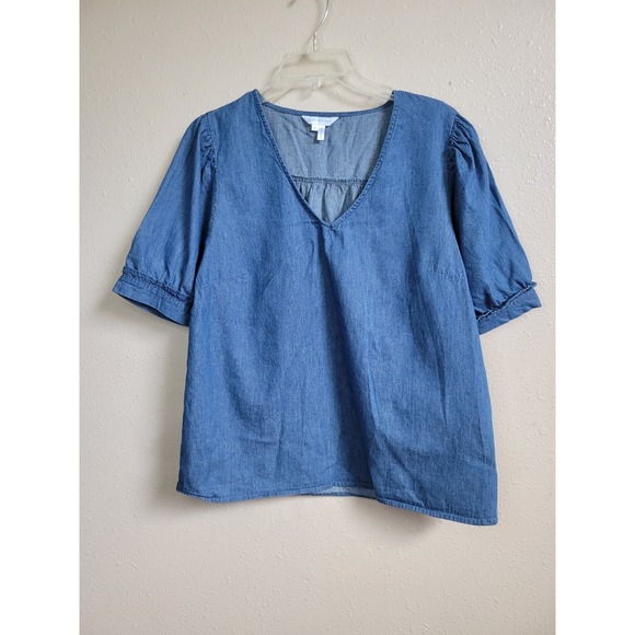 Draper James Tops - Draper James Chambray Heidi V-Neck Puff Sleeve Denim Blue Women's Top Sz L